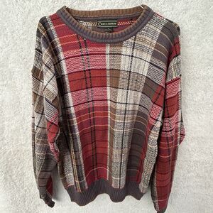 Vintage Sweater Brown Pullover Men's XL Crew Neck Cotton Plaid Golf Croft Barrow